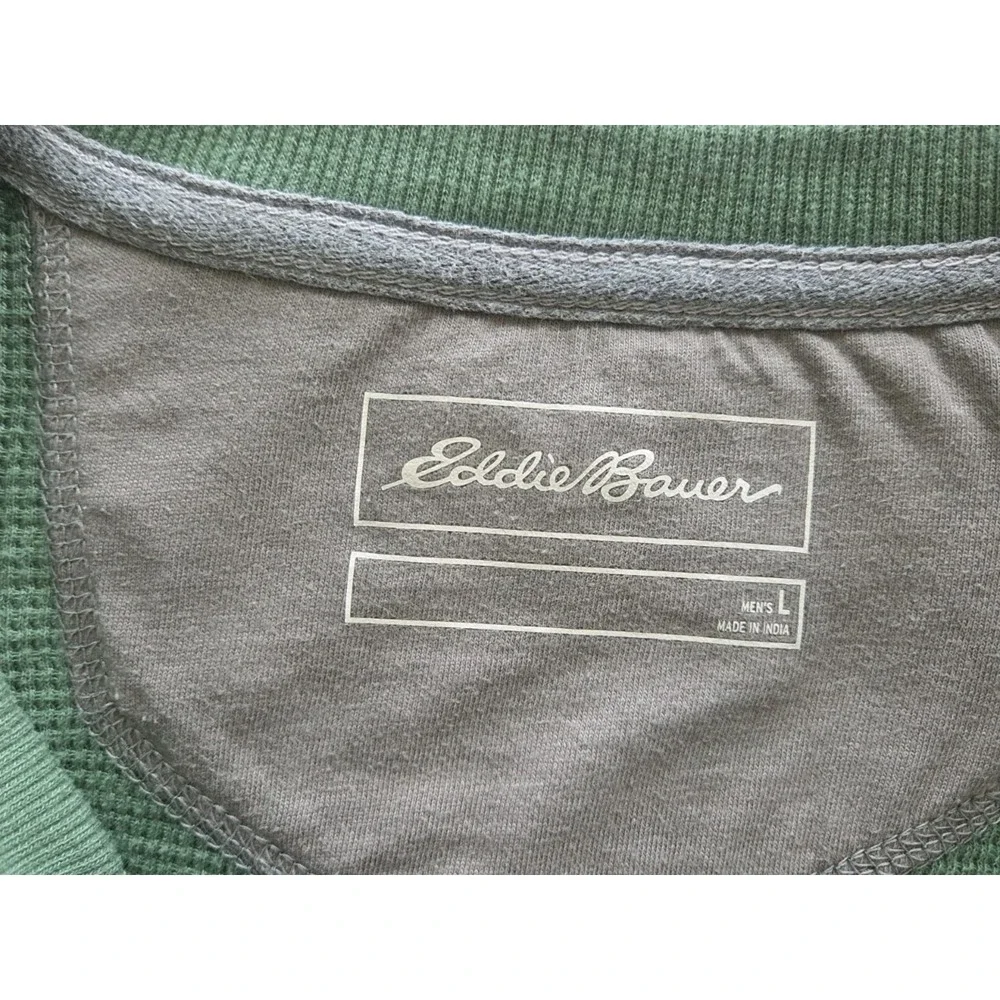 Eddie Bauer Mens Waffle Knit Henley Thermal Shirt Sz Large Green Outdoors Layer